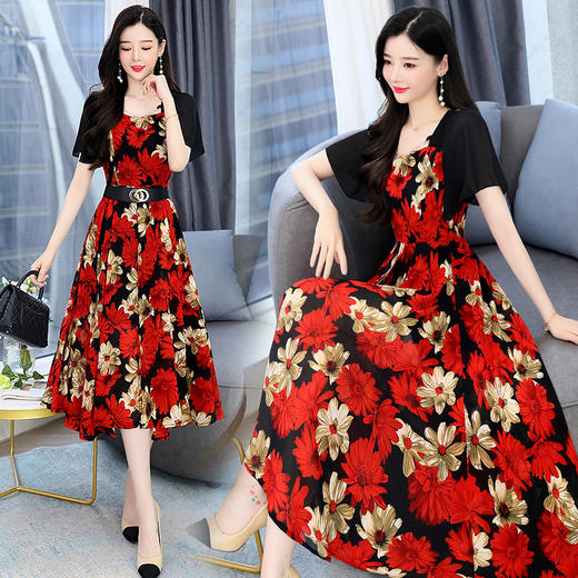 休闲舒适，气质通列简约花色拼接假两件复古连衣裙（送腰带）HR-HMQY2546-1 商品图0