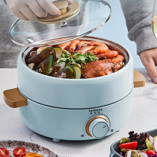 【6F】多样屋（TAYOHYA） 迷你火锅电煮锅多功能一体锅家用煮面小电锅烤肉可水洗煎盘 雾霭蓝色 商品图4
