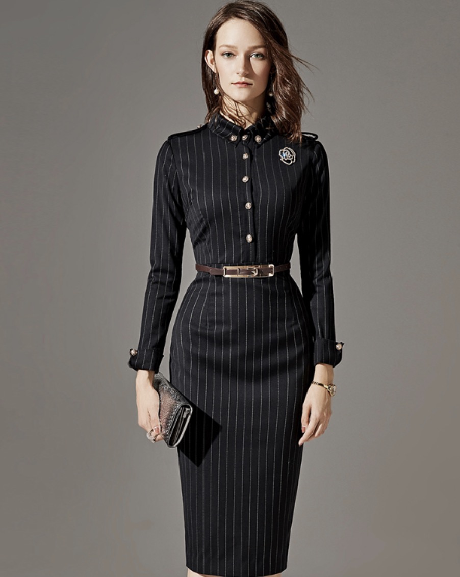 J8382734C颈袖添香连衣裙女装新款时尚气质修身条纹长袖职场装包臀裙J8382734C