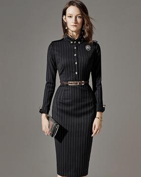 J8382734C颈袖添香连衣裙女装新款时尚气质修身条纹长袖职场装包臀裙J8382734C