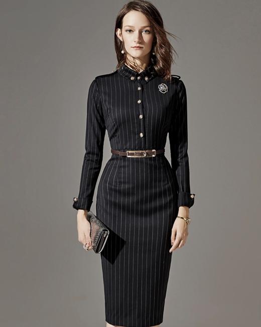 J8382734C颈袖添香连衣裙女装新款时尚气质修身条纹长袖职场装包臀裙J8382734C 商品图0