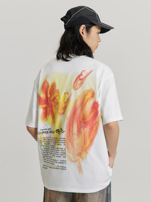 CryingCenter 涂鸦手绘花花白T纯棉休闲潮帅气宽松情侣 哭喊中心 商品图2