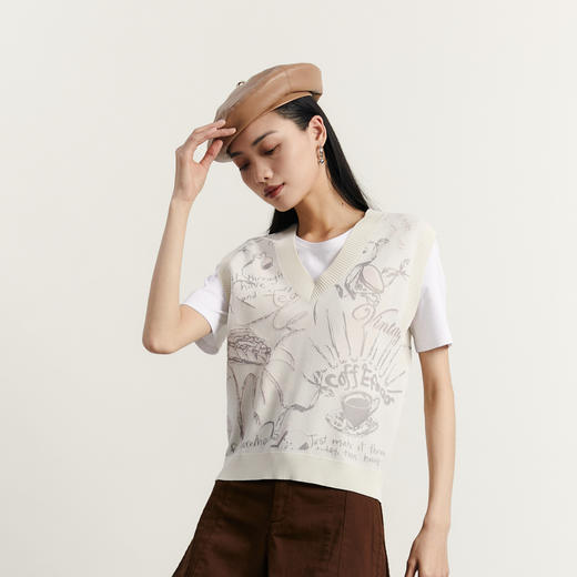 谜底V领套头针织衫背心女2023秋季新款文艺百搭提花毛衫233MZ1288 商品图1