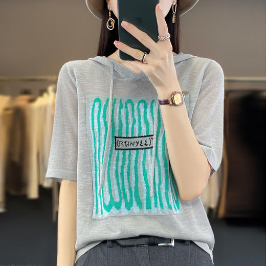 QHJY-JYA02361冰丝透气短袖t恤女打底衫连帽衫夏装新款女外搭薄款上衣针织衫ins 商品图1