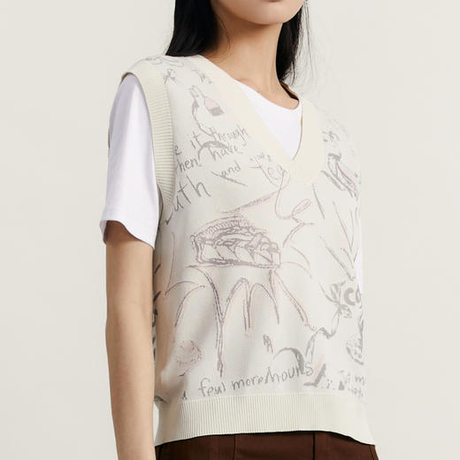 谜底V领套头针织衫背心女2023秋季新款文艺百搭提花毛衫233MZ1288 商品图3