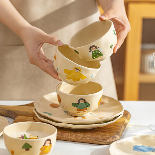 摩登主妇复古女孩手捏纹陶瓷碗盘餐具可爱一人食套装家用米饭碗 商品图0