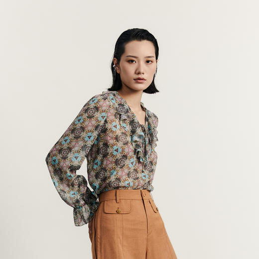 谜底V领花色上衣女2023秋新款复古浪漫衬衫雪纺衫长袖女233MS1023 商品图1