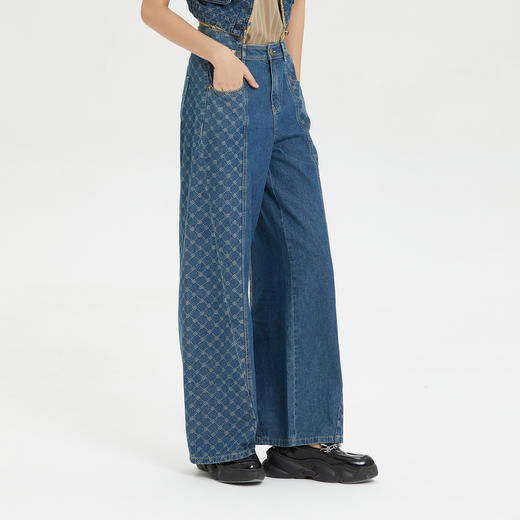 谜底复古高腰阔腿裤女2023秋新款高腰时尚拼接牛仔长裤233MK1156 商品图1