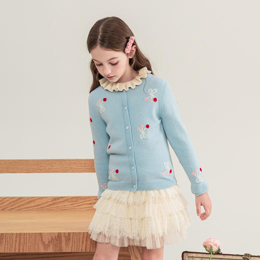 mettekids女童羊绒开衫2023秋季新款童装毛衣儿童蓝色樱桃针织衫 商品图2
