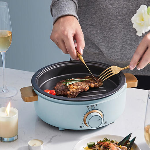 【6F】多样屋（TAYOHYA） 迷你火锅电煮锅多功能一体锅家用煮面小电锅烤肉可水洗煎盘 雾霭蓝色 商品图2