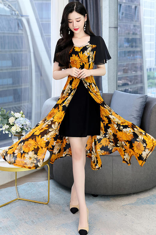 休闲舒适，气质通列简约花色拼接假两件复古连衣裙（送腰带）HR-HMQY2546-1 商品图6