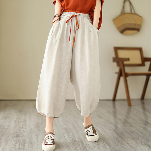 GYH 6096复古纯色大码阔腿裤休闲灯笼裤宽松棉麻哈伦裤 商品图1