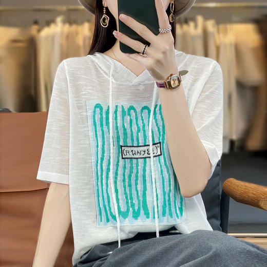 QHJY-JYA02361冰丝透气短袖t恤女打底衫连帽衫夏装新款女外搭薄款上衣针织衫ins 商品图2