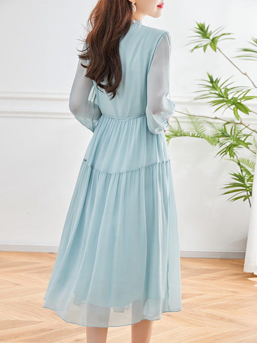 ZS-5356素色真丝桑蚕丝乔其连衣裙女2023夏季新款设计感木耳边圆领中长裙 商品图3