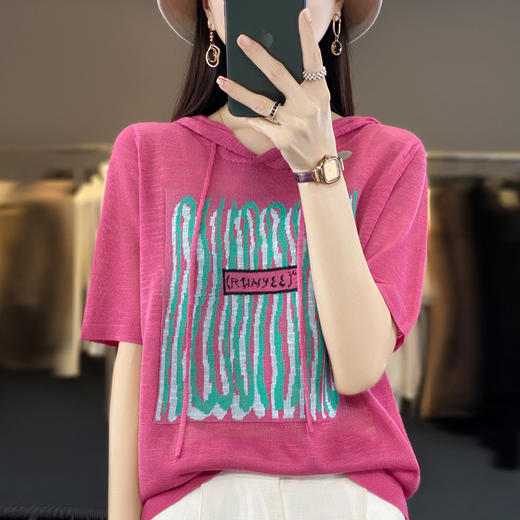 QHJY-JYA02361冰丝透气短袖t恤女打底衫连帽衫夏装新款女外搭薄款上衣针织衫ins 商品图0
