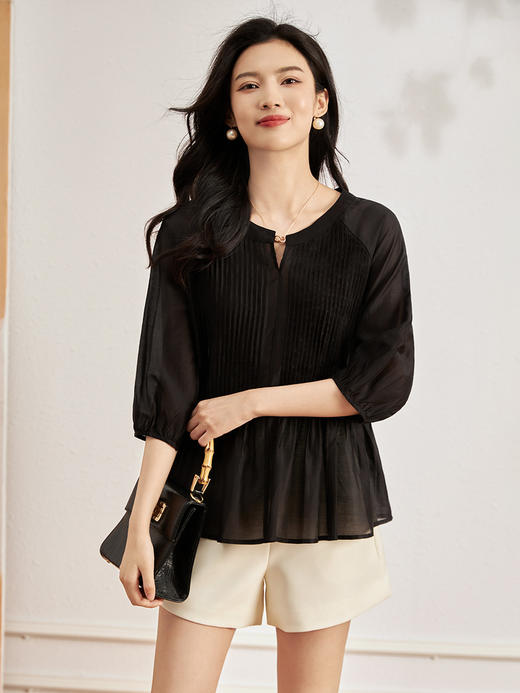 宽松通勤，法式压褶V领优雅遮肉显瘦气质女装上衣WLZD-2314410 商品图2