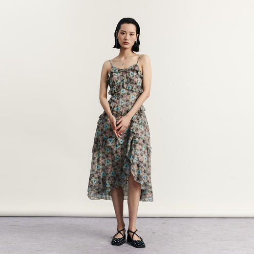 谜底吊带花色连衣裙2023秋季新款浪漫感碎花裙中长裙女233ML1006 商品图0