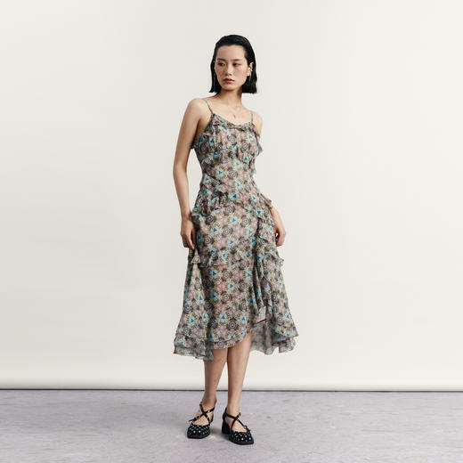 谜底吊带花色连衣裙2023秋季新款浪漫感碎花裙中长裙女233ML1006 商品图1