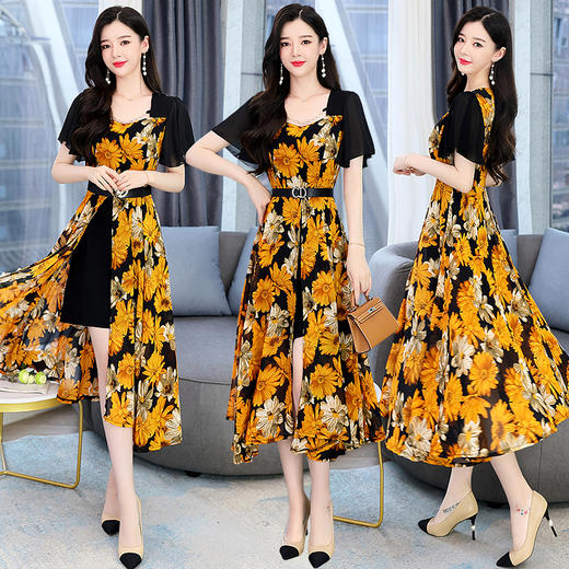 休闲舒适，气质通列简约花色拼接假两件复古连衣裙（送腰带）HR-HMQY2546-1 商品图1