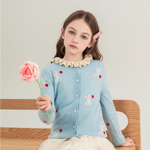 mettekids女童羊绒开衫2023秋季新款童装毛衣儿童蓝色樱桃针织衫 商品图3