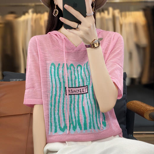 QHJY-JYA02361冰丝透气短袖t恤女打底衫连帽衫夏装新款女外搭薄款上衣针织衫ins 商品图3