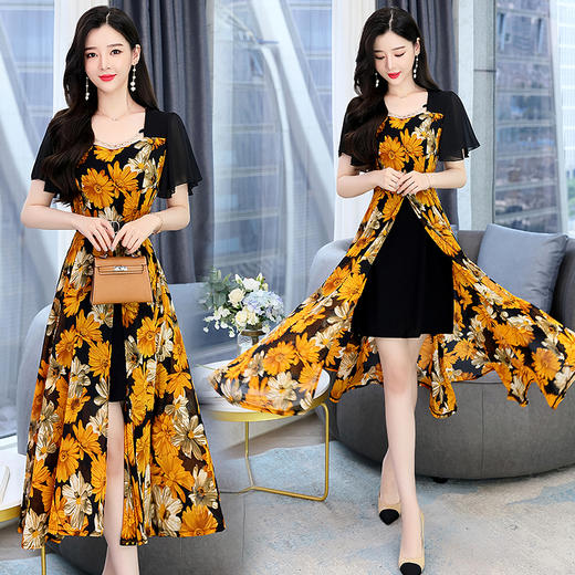 休闲舒适，气质通列简约花色拼接假两件复古连衣裙（送腰带）HR-HMQY2546-1 商品图3