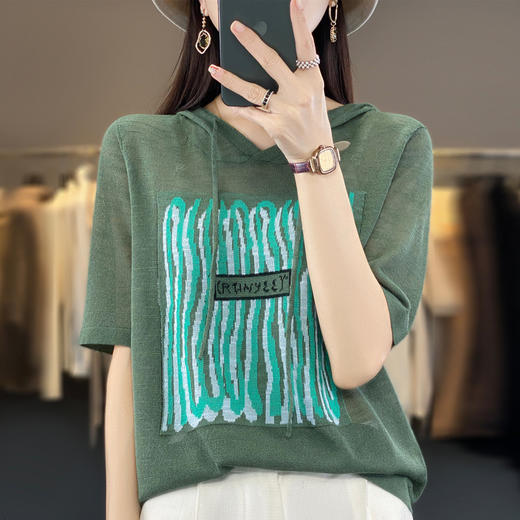 QHJY-JYA02361冰丝透气短袖t恤女打底衫连帽衫夏装新款女外搭薄款上衣针织衫ins 商品图7