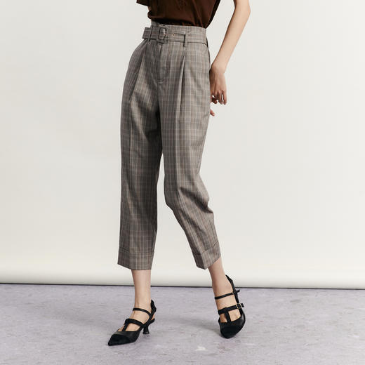 谜底格纹休闲裤女2023秋新款复古高腰宽松九分裤配腰带233MK0993 商品图1