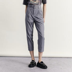 谜底休闲裤女2023秋新款复古高腰宽松萝卜九分裤配腰带233MK1138