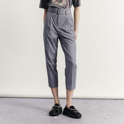 谜底休闲裤女2023秋新款复古高腰宽松萝卜九分裤配腰带233MK1138 商品图0