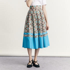 谜底文艺花色半裙2023秋新款复古浪漫棉质百褶A型半身裙233MB1043