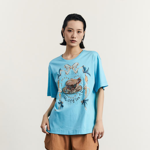 谜底印花圆领T恤女2023秋款设计感宽松时尚休闲上衣短袖233MT0999 商品图0