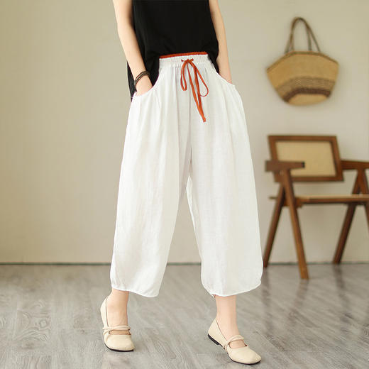 GYH 6096复古纯色大码阔腿裤休闲灯笼裤宽松棉麻哈伦裤 商品图3