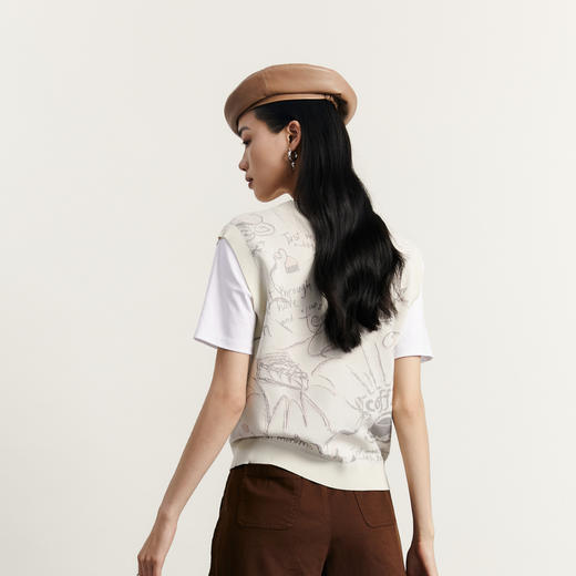 谜底V领套头针织衫背心女2023秋季新款文艺百搭提花毛衫233MZ1288 商品图2