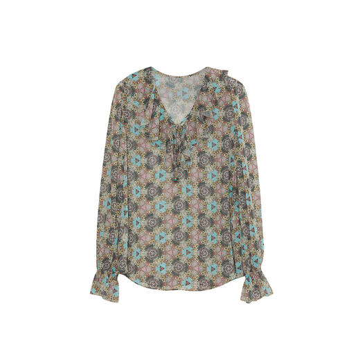 谜底V领花色上衣女2023秋新款复古浪漫衬衫雪纺衫长袖女233MS1023 商品图4