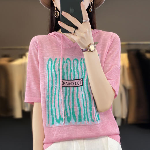 QHJY-JYA02361冰丝透气短袖t恤女打底衫连帽衫夏装新款女外搭薄款上衣针织衫ins 商品图4