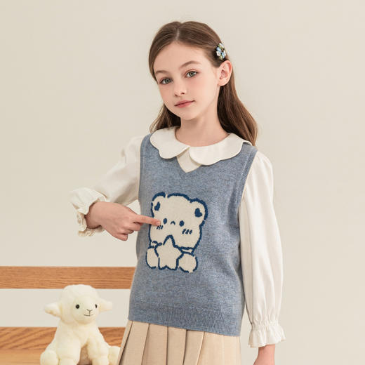 mettekids儿童羊绒背心2023秋新款男童V领无袖毛衣女童针织打底衫 商品图2