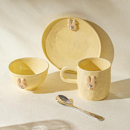 摩登主妇奶油熊兔INS风浮雕陶瓷碗盘一人食餐具可爱套装米饭碗盘
