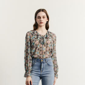 谜底V领花色上衣女2023秋新款复古浪漫衬衫雪纺衫长袖女233MS1023