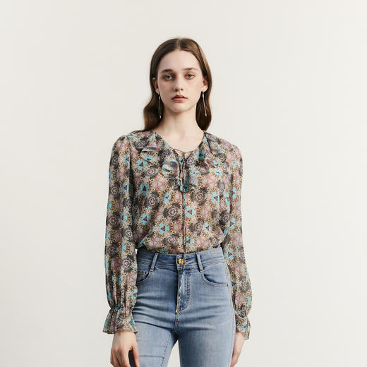 谜底V领花色上衣女2023秋新款复古浪漫衬衫雪纺衫长袖女233MS1023 商品图0