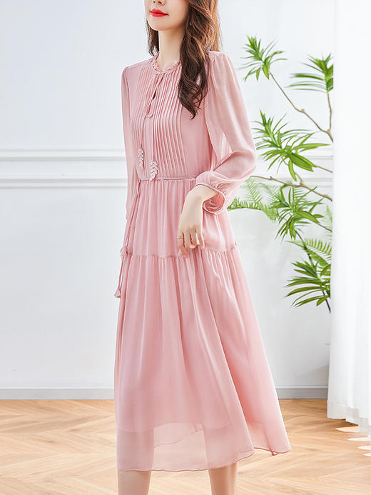 ZS-5356素色真丝桑蚕丝乔其连衣裙女2023夏季新款设计感木耳边圆领中长裙 商品图2