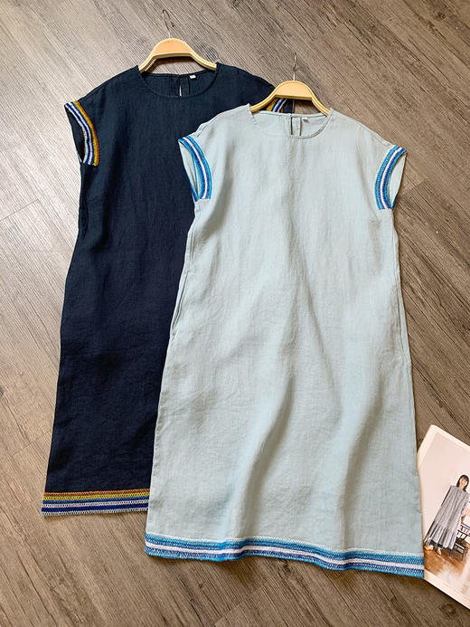 SD-8442夏季女式水洗亚麻圆领短袖连衣裙 重工绣花全亚麻裙子 商品图1