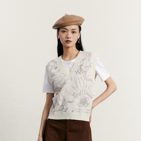 谜底V领套头针织衫背心女2023秋季新款文艺百搭提花毛衫233MZ1288