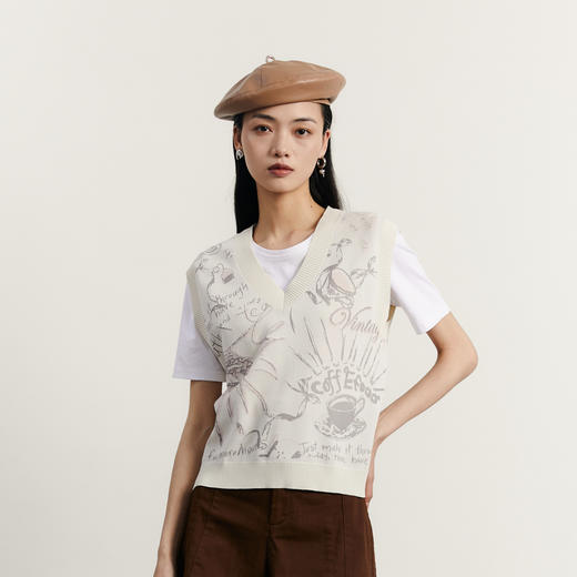 谜底V领套头针织衫背心女2023秋季新款文艺百搭提花毛衫233MZ1288 商品图0