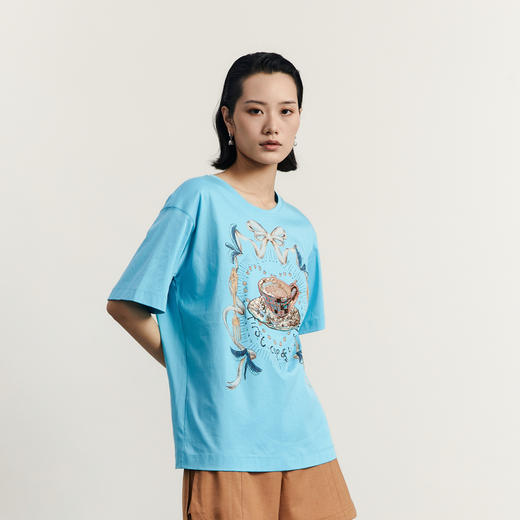 谜底印花圆领T恤女2023秋款设计感宽松时尚休闲上衣短袖233MT0999 商品图1