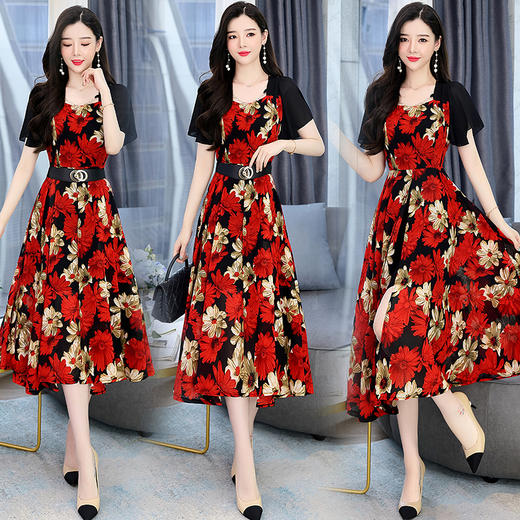 休闲舒适，气质通列简约花色拼接假两件复古连衣裙（送腰带）HR-HMQY2546-1 商品图2