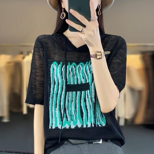 QHJY-JYA02361冰丝透气短袖t恤女打底衫连帽衫夏装新款女外搭薄款上衣针织衫ins 商品图6
