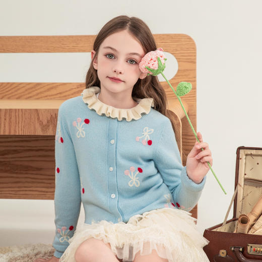 mettekids女童羊绒开衫2023秋季新款童装毛衣儿童蓝色樱桃针织衫 商品图0