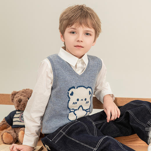 mettekids儿童羊绒背心2023秋新款男童V领无袖毛衣女童针织打底衫 商品图3