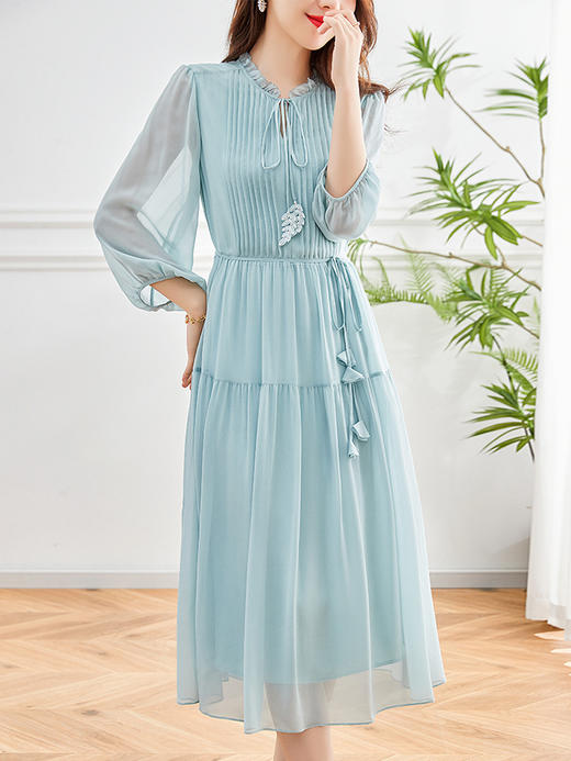 ZS-5356素色真丝桑蚕丝乔其连衣裙女2023夏季新款设计感木耳边圆领中长裙 商品图0